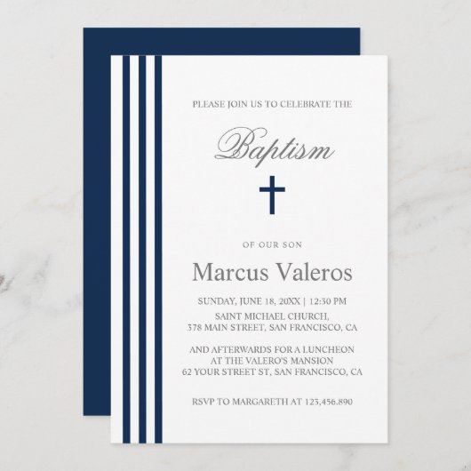 BAPTISM Chic Vertical Striped Navy Blue Cross Kaart (Voorkant / Achterkant)