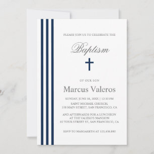 BAPTISM Chic Vertical Striped Navy Blue Cross Kaart