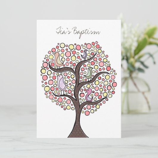 Baptism Christening Bird Tree Aangepaste uitnodigi Kaart (Staand voorkant)