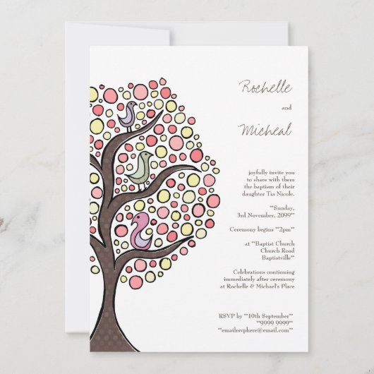 Baptism Christening Bird Tree Aangepaste uitnodigi Kaart (Achterkant)