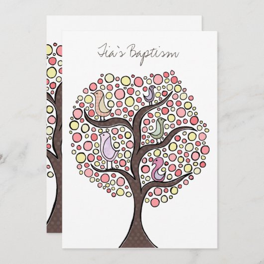 Baptism Christening Bird Tree Aangepaste uitnodigi Kaart (Voorkant / Achterkant)