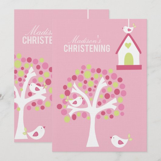Baptism Christening Bird Tree Aangepaste uitnodigi Kaart (Voorkant / Achterkant)