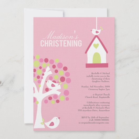 Baptism Christening Bird Tree Aangepaste uitnodigi Kaart (Achterkant)