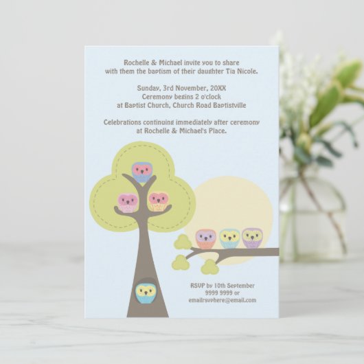 Baptism Christening Ceremony Cute Owls Uitnodiging (Staand voorkant)