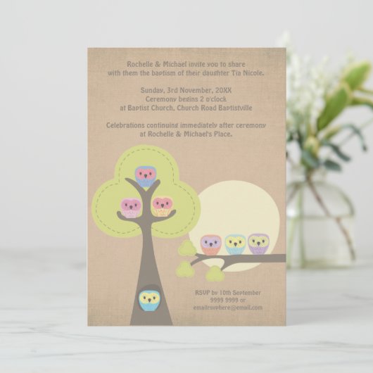 Baptism Christening Ceremony Cute Owls Uitnodiging (Staand voorkant)