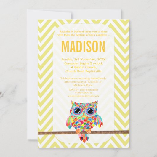 Baptism Christening Chevron Rainbow Owl Invite Kaart (Voorkant)