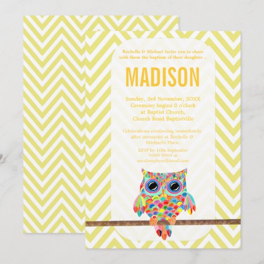 Baptism Christening Chevron Rainbow Owl Invite Kaart (Voorkant / Achterkant)