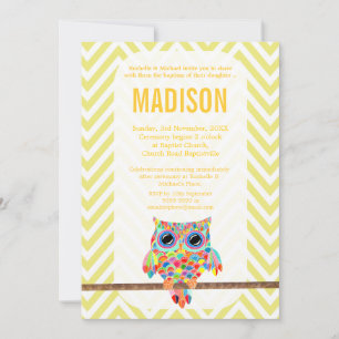 Baptism Christening Chevron Rainbow Owl Invite Kaart