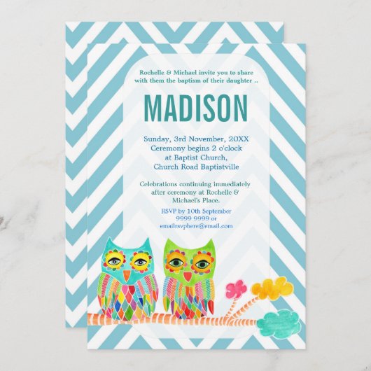 Baptism Christening Chevron Rainbow Owls Invite Kaart (Voorkant / Achterkant)