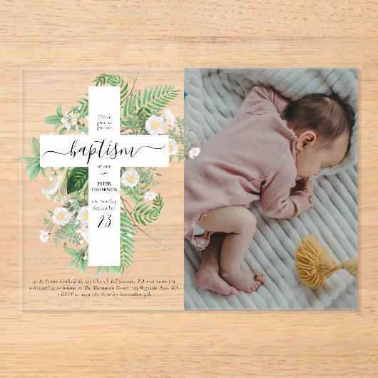 Baptism Christening Cross Greenery Custom Photo Acryl Uitnodigingen (Voorkant)