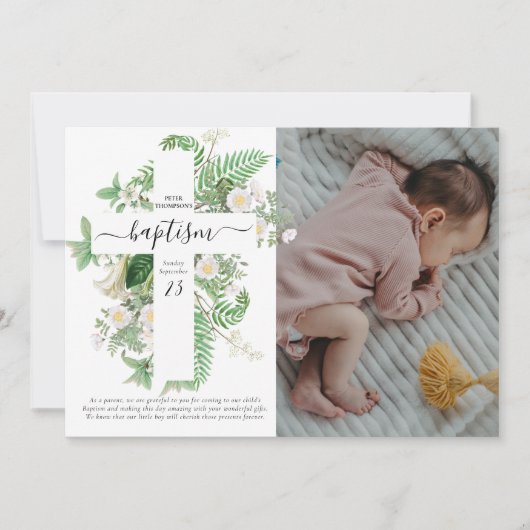 Baptism Christening Cross Greenery Custom Photo Bedankkaart (Voorkant)