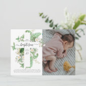Baptism Christening Cross Greenery Custom Photo Bedankkaart (Staand voorkant)