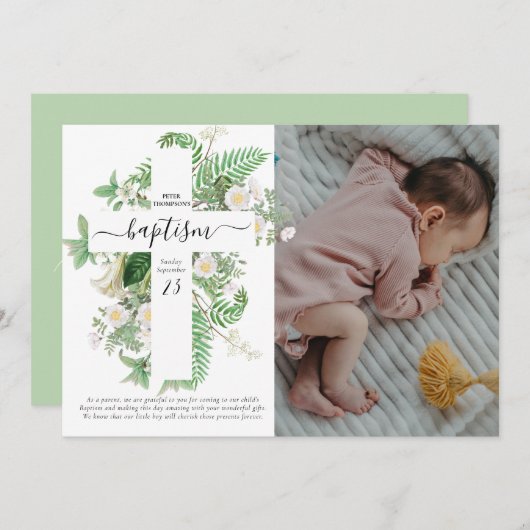 Baptism Christening Cross Greenery Custom Photo Bedankkaart (Voorkant / Achterkant)