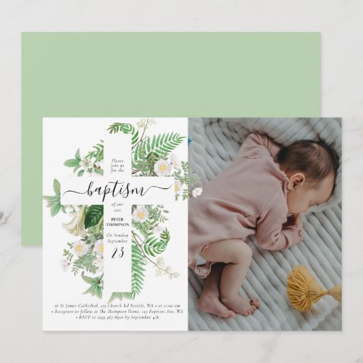 Baptism Christening Cross Greenery Custom Photo Kaart (Voorkant / Achterkant)