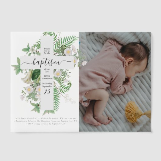 Baptism Christening Cross Greenery Custom Photo Vellum Uitnodigingen (Voorkant)