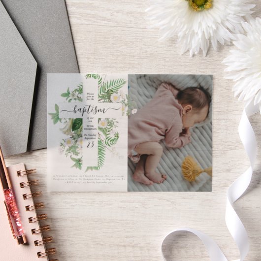 Baptism Christening Cross Greenery Custom Photo Vellum Uitnodigingen (Huwelijk)