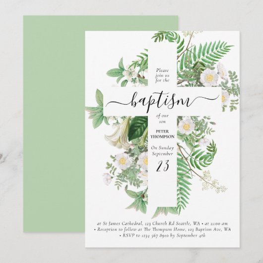 Baptism Christening Cross Greenery Gender Neutral Kaart (Voorkant / Achterkant)