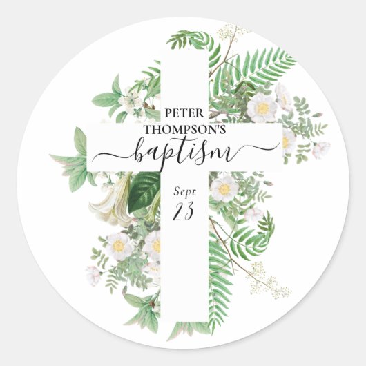 Baptism Christening Cross Greenery Gender Neutral Ronde Sticker (Voorkant)