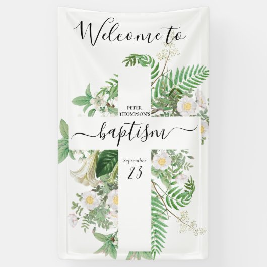 Baptism Christening Cross Greenery Welkomstteken Spandoek (Verticaal)
