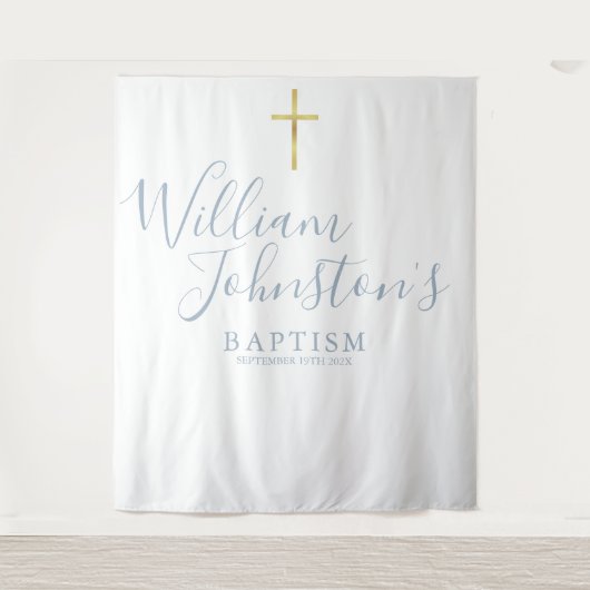 Baptism Christening Dusty Blue Photo Backdrop Wandkleed (Voorkant)