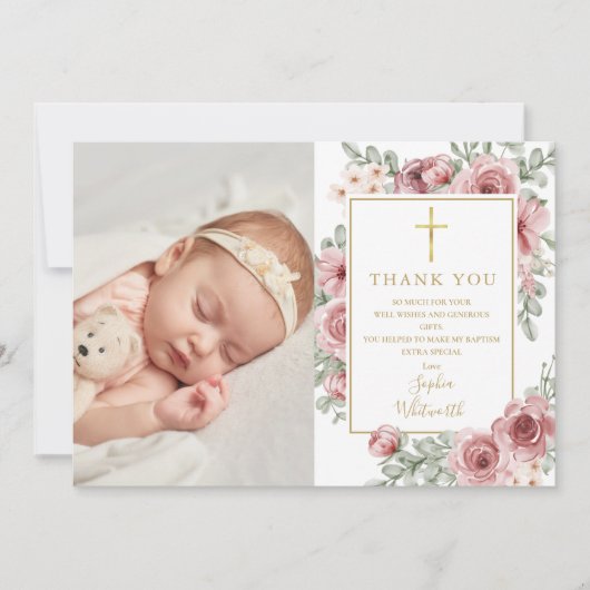 Baptism Christening Dusty Roos Floral Foto Bedankkaart (Voorkant)