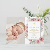 Baptism Christening Dusty Roos Floral Foto Bedankkaart (Staand voorkant)