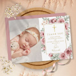 Baptism Christening Dusty Roos Floral Foto Bedankkaart<br><div class="desc">personaliseer uw foto en speciale baptisme. Christening bedankt u voor uw boodschap in het kic Gold lettering op dit elegante,  stoffige roos florale design. Ontworpen door: Thisnotme©</div>