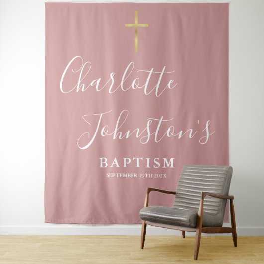 Baptism Christening Dusty Rose Pink Photo Backdrop Wandkleed (In situ)