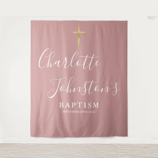 Baptism Christening Dusty Rose Pink Photo Backdrop Wandkleed (Voorkant)