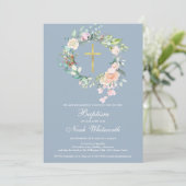 Baptism Christening Floral Garland Dusty Blue Kaart (Staand voorkant)