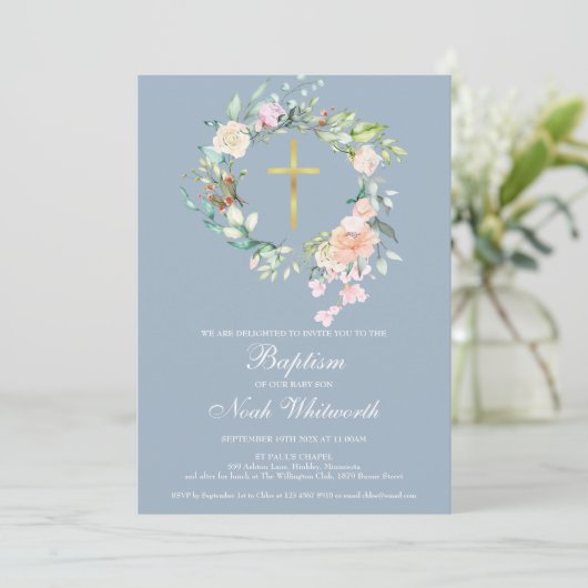Baptism Christening Floral Garland Dusty Blue Kaart (Staand voorkant)