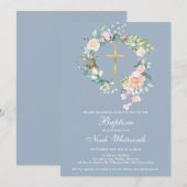 Baptism Christening Floral Garland Dusty Blue Kaart (Voorkant / Achterkant)