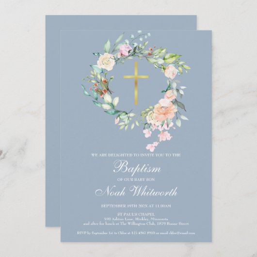 Baptism Christening Floral Garland Dusty Blue Kaart (Voorkant / Achterkant)