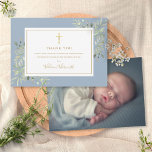 Baptism Christening Foliage Dusty Blue Foto Bedankkaart<br><div class="desc">Gold signature baptism christening foto bedankt je kaart. personaliseer uw foto en speciale baptisme,  christenen bedanken u voor uw boodschap in het chic gold lettering over dit moderne,  elegante,  stoffige blauwe design. Ontworpen door: Thisnotme©</div>