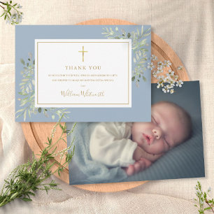 Baptism Christening Foliage Dusty Blue Foto Bedankkaart