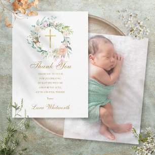 Baptism Christening Foto Rozen Floral Gold Bedankkaart
