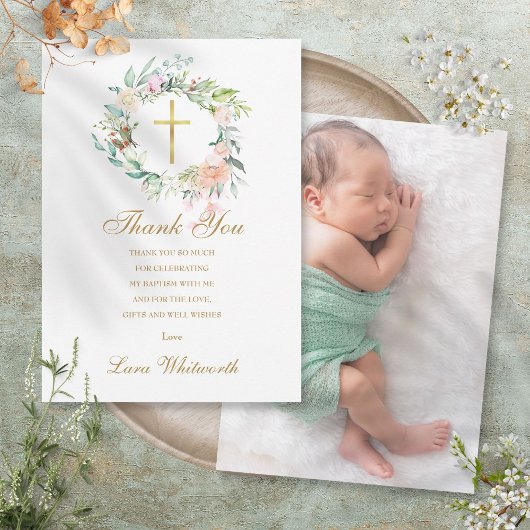 Baptism Christening Foto Rozen Floral Gold Bedankkaart