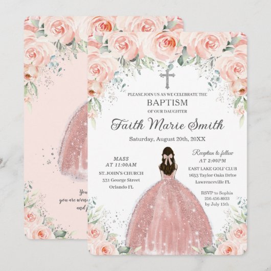 Baptism Christening Girl Blush Floral Rozen Silver Kaart (Voorkant / Achterkant)