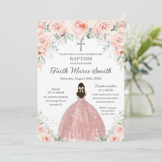 Baptism Christening Girl Blush Floral Rozen Silver Kaart (Staand voorkant)