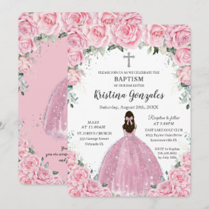 Baptism Christening Girl Pink Floral Silver Cross Kaart