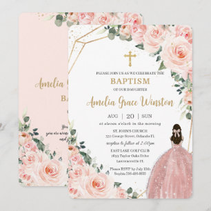 Baptism Christening Gold Blush Floral Flowers Girl Kaart