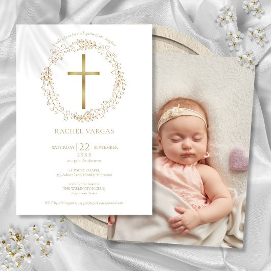 Baptism Christening Gold Cross Floral Foto Kaart