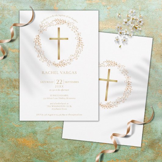 Baptism Christening Gold Cross Floral Kaart