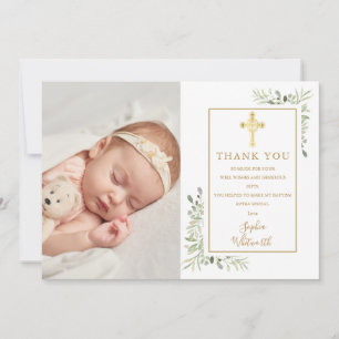 Baptism Christening Gold Cross Greenery Foto Bedankkaart