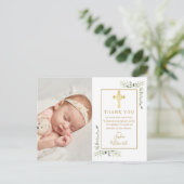 Baptism Christening Gold Cross Greenery Foto Briefkaart (Staand voorkant)