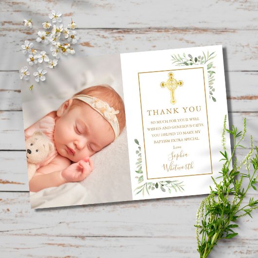 Baptism Christening Gold Cross Greenery Foto Briefkaart