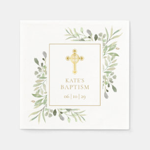 Baptism Christening Gold Cross Greenery Servet