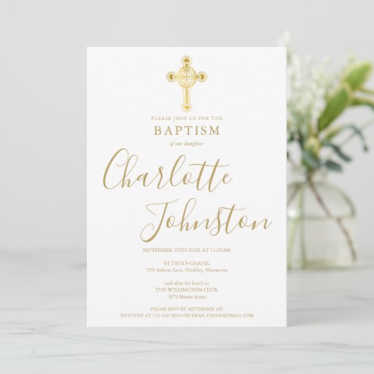 Baptism Christening Gold Cross Signature Script Kaart (Staand voorkant)