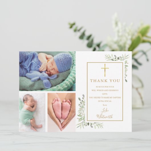 Baptism Christening Greenery 3 Foto Bedankkaart (Staand voorkant)