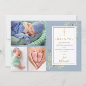 Baptism Christening Greenery 3 Foto Dusty Blue Bedankkaart (Voorkant)